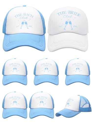 Shyyween 8/12 Pack Bachelorette Party Hats Include 1 Pack The Bride Cap and 7 Pcs The Bach Social Club Trucker Cap(8 Blue)