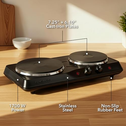 OVENTE Electric Countertop Double Burner, 1700W Cooktop with 7.25" and 6.10" Cast Iron Hot Plates, Temperature Control, Portable Cooking Stove and Easy to Clean Stainless Steel Base, Black BGS102B by OVENTE - Image 4