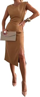Women's Sleeveless Round Neck Side Sit Bodycon Dress Casual Slim Fit Midi Party Dress