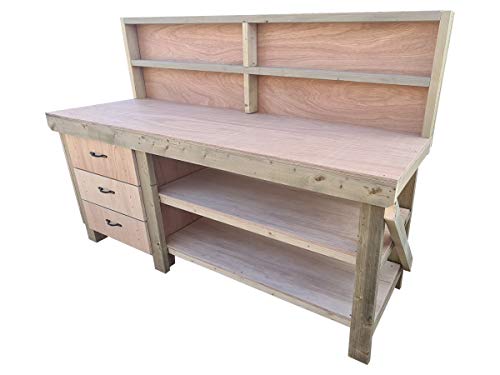 Arbor Garden Solutions Wooden Workbench Eucalyptus Hardwood Top - With 3x Drawer Tool Cabinet With Double Storage Shelf and Back Panel (6ft)
