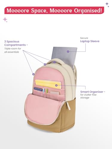 Image of Genie Marshmellow School Backpack For Girls |19 Inch-36 Litres With Laptop Sleeve, Rain cover, Three Compartments, |Best for Books, Water Bottles, Stationery, Laptop, Lunch Box & Essentials - Brown