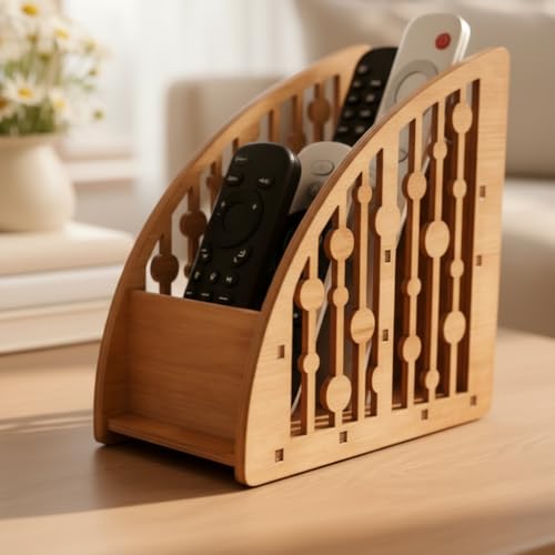 Image of Wooden Remote Organizer for Table - 3 Compartment TV Remote Control Holder Stand Decorative Remote Caddy for Living Room, Coffee Table & Office Size 7 x 5 x 2.5 Inches