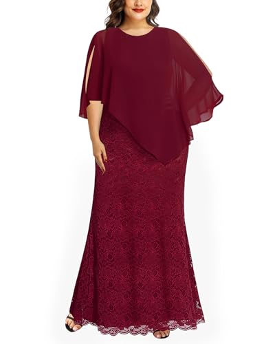 Image of Women's Plus Size Cape Dress with Chiffon Overlay Gown Formal Evening Lace Long Mermaid Dresses 2024