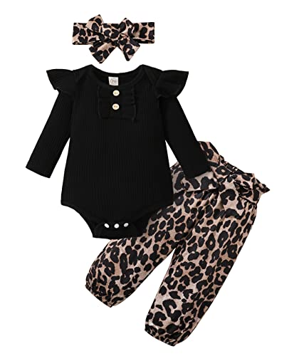 Image of ADXSUN Newborn Baby Girl Clothes Ribbed Ruffled Romper+Striped/Cow/Leopard Flared Pants Infant Outifts 0-18 Months