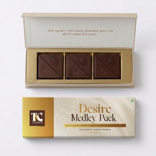 Image of TAC Delights Desire Dark Chocolate Assortment (3 Flavors) - Dark Chocolate, Sea Salt & Champagne Truffle - Premium Chocolate Bar Gift for Couples - Mood-Enhancing Treat for Men & Women (1 Box)