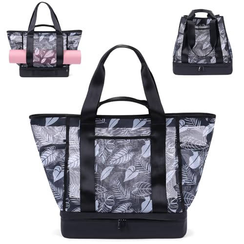 CONTAIL 37L Mesh Floral Carryall Bag with Detachable Shoes Compartment/Insulated Cooler,Women Weekender Gym Duffel Bag
