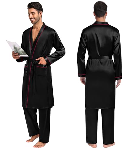 SWOMOG Mens 3 PCS Satin Robe with Pants & Shorts Set Kimono Bathrobe Long Sleeve Sleepwear Pjs Sets with Pockets4