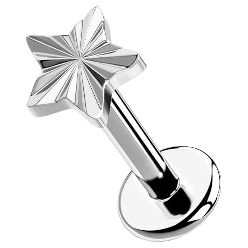 OUFER G23 Titanium Threadless Push Pin Labret Stud Earrings for Unisex – Hammered/Sunburst Disc Star, 20G 18G 16G, 6mm Bar, Hypoallergenic Jewelry for Lip, Lobe, Helix, Tragus, Cartilage Pie