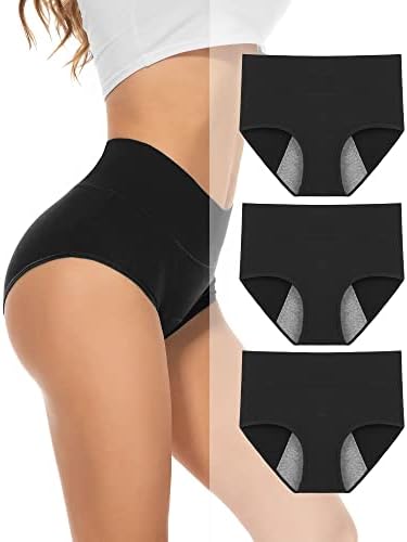 PULIOU Period Underwear for Women Menstrual Panties Teens High Waisted Cotton Postpartum 3 Pack Black