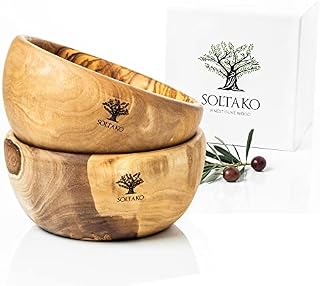 SOLTAKO Olive Wood Bowl - Healthy Breakfast Bowl - Set of 2 Soup Bowls - Cereal Bowl - Small Salad Bowl - Bowl Set for Dessert, Rice - Snack Popcorn Fruit Salad Dessert - Healthy Buddha Bowl