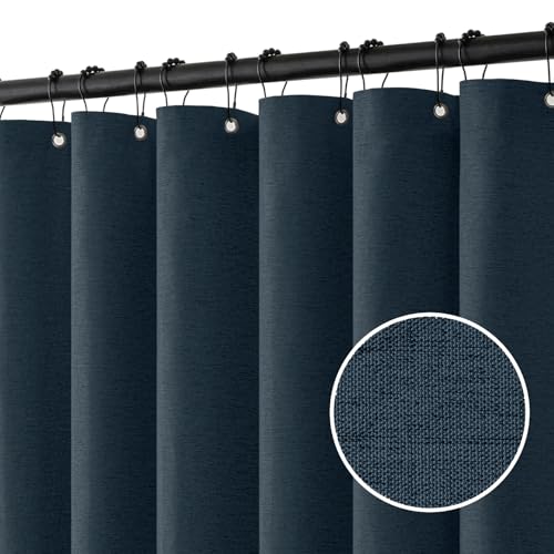 MIULEE Linen Fabric Shower Curtain Navy Blue W72*L72 12 Metal Hooks