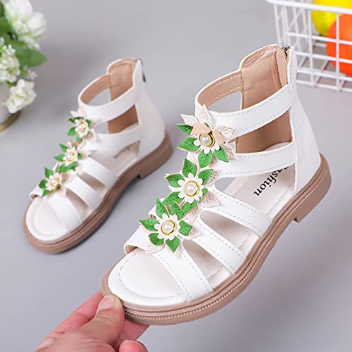 Summer Girls High Top Sandals Kids 𝐆ladiator Lace Up Sandals Zipper Flowers Cute Princess Shoes Non-Slip Sandals (White, 31 Little Child)2