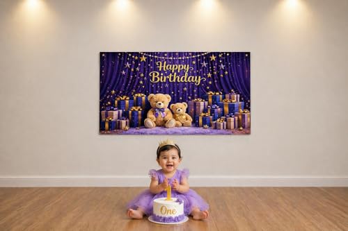 Image of ARV Happy Birthday Fabric Backdrop Banner, Purple and Gold, Teddy Bear and Balloons Design, 3 * 5 ft, Reusable Party Wall Decoration (BDPOSTER1)