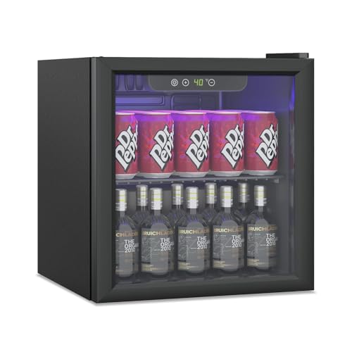 Image of Erivess 1.3 Cubic Feet Mini Fridge, 60 Can Freestanding Beverage Refrigerator with Glass Front Door for Soda, Beer Under Counter Small Refrigerator with Adjustable Shelves and Digital Display(Black)
