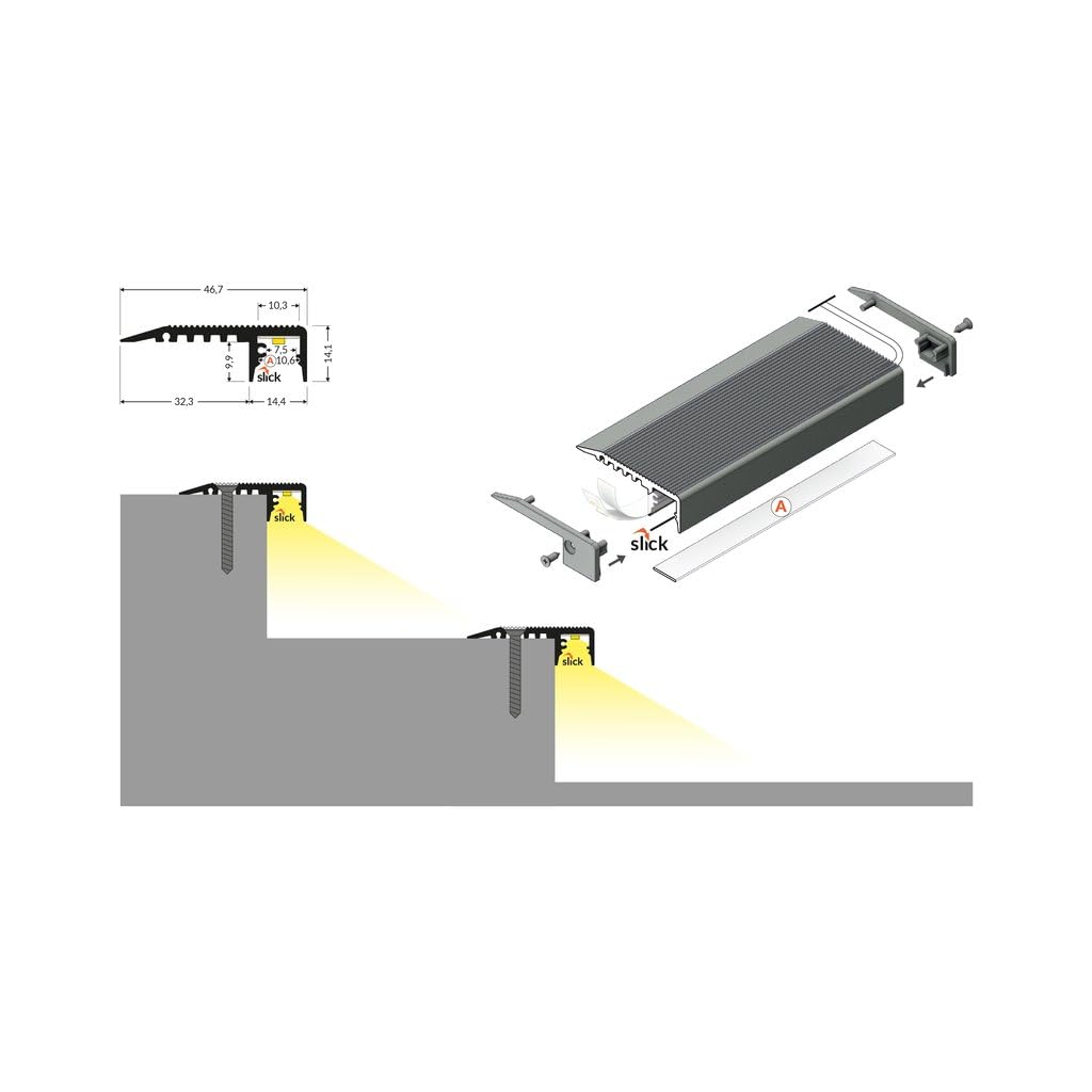Perfil aluminio 2 m mod. Escalera para luz señalización peldaños tiras LED cubierta mate