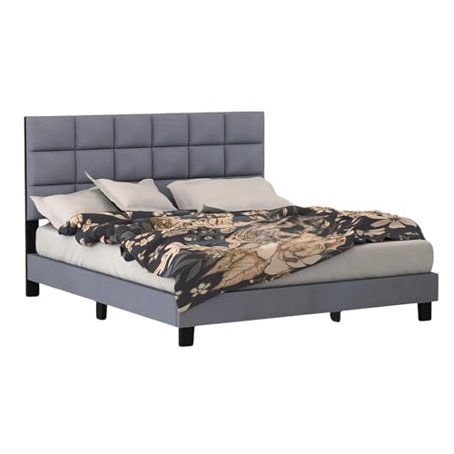 Image of Wooden Upholstered Bed King Size Without Storage | Wrought Iron King Size Cot with Headboard | Double Size Bed for Bedroom | Palang Furniture for Guest Room, Candler Grey, (Candler Grey)
