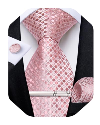 Image of DiBanGu Mens Silk Plaid Tie and Pocket Square Set | Elegant Silk Formal Tie Set, Woven Check Necktie and Cufflinks Tie Clip Set, Perfect for Wedding Party, Comes in Gift Box