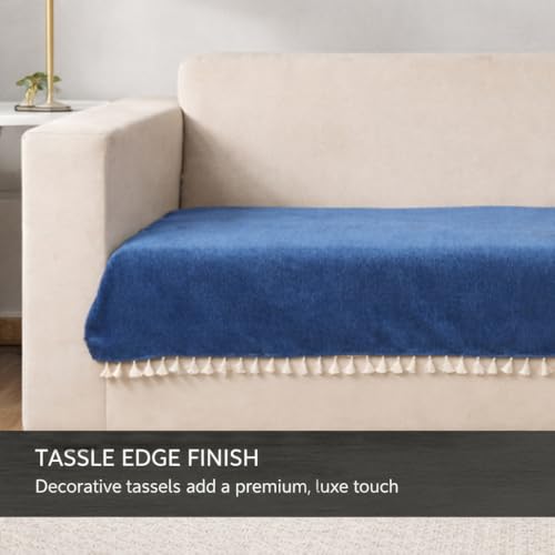 Image of STITCHNEST Blue Chenille Sofa Cover 48x30 Inch - Soft, Durable & Textured Fabric with Tassels | Sofa for Living Room, Bedroom, or Drawing Room
