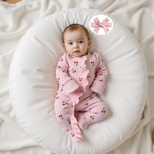 Infant Baby Girl Fall Outfit Sweatshirt Romper Footies Cherry Print Ruffle Trim Jumpsuit Zip Up Onesie Newborn Winter Clothes2