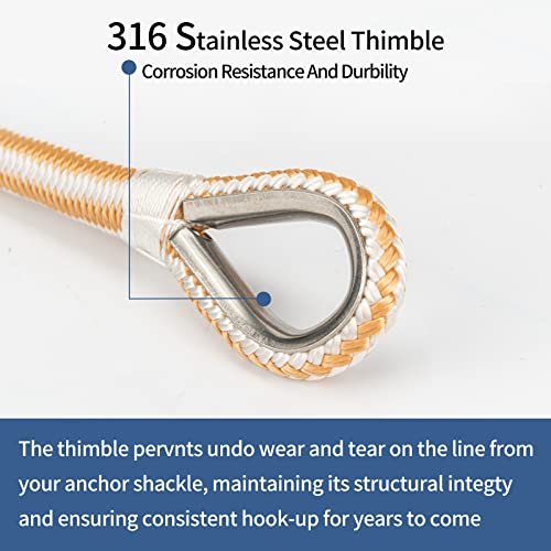 Acy Marine Double Braided Nylon Anchor Line With Stainless Thimble (Gold/White, 3/8-Inch X 100-Feet) #TOP3