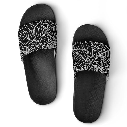 Black White Spider Web Halloween Womens Slide Sandals Non Slip Summer House Slippers for Girls Slip-on Flip Flops