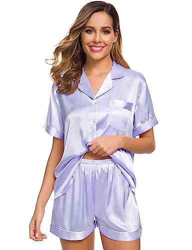 Image of SWOMOG Womens Silk Satin Pajamas Set Short Sleeve Sleepwear Button Down Top and Shorts Loungewear 2 Piece Pjs Set XS-3XL