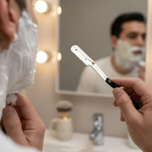 Image of Shalimar Brand Professional Barber Straight Edge Shaving Facial Face Beard Blade Razor, Black Hand, Traditional Barber Style For Men and Women