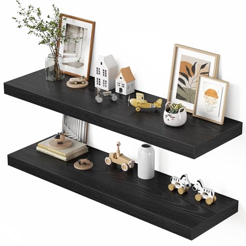 Image of Dreamland 48 inch Floating Shelves for Wall, 12 inch Deep Thicker Black Floating Shelves, Wall-Mounted Shelves for Bedroom, Living Room, Kitchen, Bathroom - Set of 2