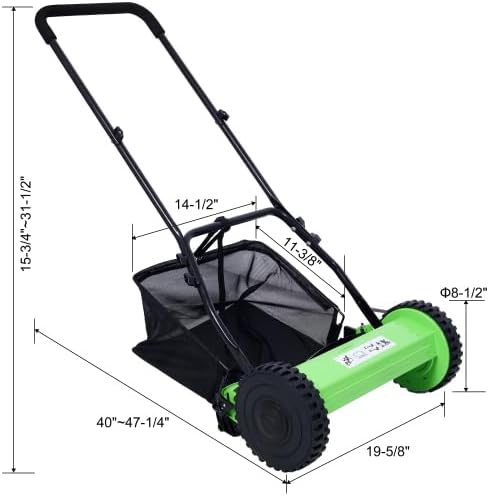 LuckyNote 14-Inch 5-Blade Push Reel Lawn Mower with Grass Catcher This Mechanical Lawn Mower Offers an Adjustable Blade Height of 0.6”-1.8” (Green Color)