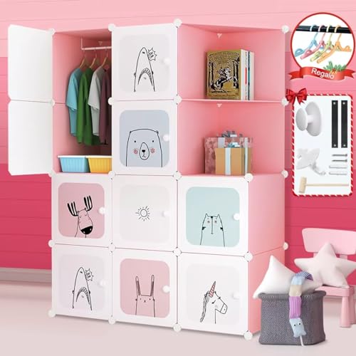 Image of Kids Plastic Collapsible Wardrobe Organizer for Storage | Cute Cartoon Design | Heavy Duty Cloth Organizer for Storage | Easy to Assemble | Perfect for Kids Room & Home (Pink-C3)