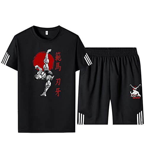 IPOVOQ Baki The Grappler T-Shirt et Short Set Casual Summer Two Piece Set Survêtement pour Homme Harajuku Anime Hanma Baki Son of Ogre Cosplay Sportwear Cover