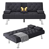 HIFIT Futon Sofa Bed, Upholstered Convertible Folding Sleeper Sofa Bed with Removable Armrests, Modern Futon Couch for Living Room, Bedroom, 2 Cupholders, Metal Legs, Dark Grey