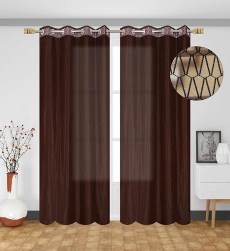 Image of HOME UTSAV Premium Sheer Net Curtain for Window 5 Feet | Transparent Net Fabric with Geometric Design | Pack of 1, Brown