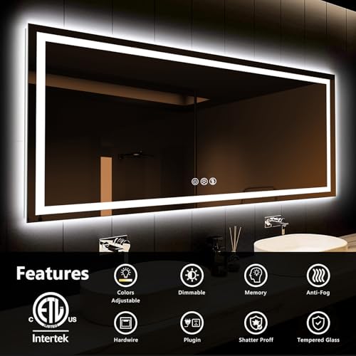 ROOMTEC 55 x 36 Inches LED Bathroom Mirror with Front and Backlit,Anti-Fog,3 Colors and Dimmable Light(Horizontal/Vertical), Silver