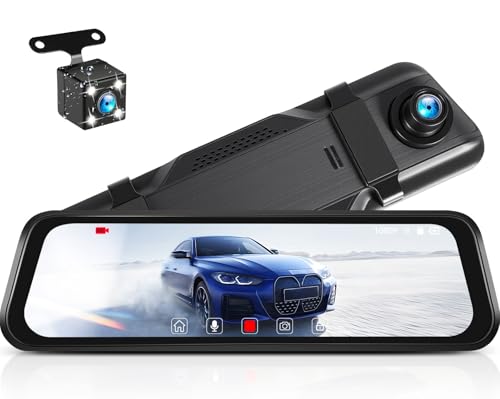 CAMECHO Mirror Dash Cam Front and Rear 9.66 Inch 1080P Full Touchscreen Rear View Mirror Camera Dual Cameras Night Vision Reverse Assist Loop Recording Wide Angle Dashcam Driving Recorder