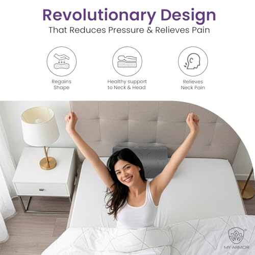 Image of MYARMOR Cool Gel Cervical Pillow for Neck Pain | Contour Design for Neck & Shoulder Pain Relief | Dual Height Ergonomic Support | 18 x 11 x 3.5 Inch | 2 Years Warranty | Grey Cover - Pack of 1