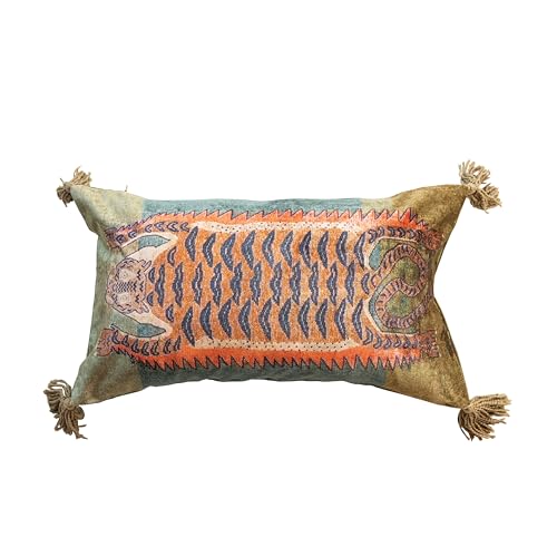 Creative Co-Op Cotton Velvet Blend Tiger Lumbar Pillow with Tassels, Multicolor
