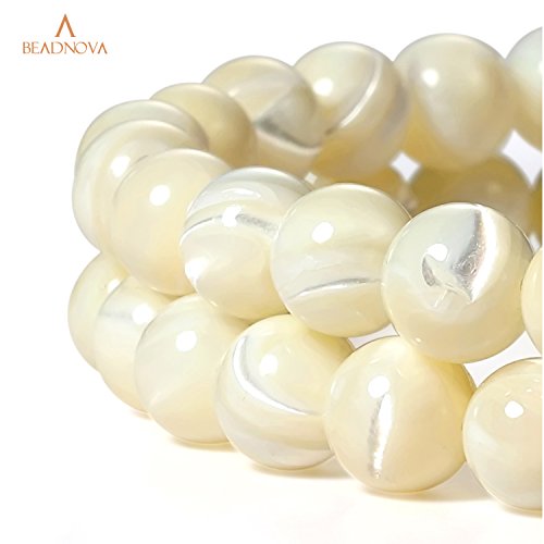 Image of BEADNOVA Natural White Mother of Pearl Shell Beads Natural Crystal Beads Stone Gemstone Round Loose Energy Healing with Crystal Stretch Cord for Jewelry Making (10mm, 36-38pcs)
