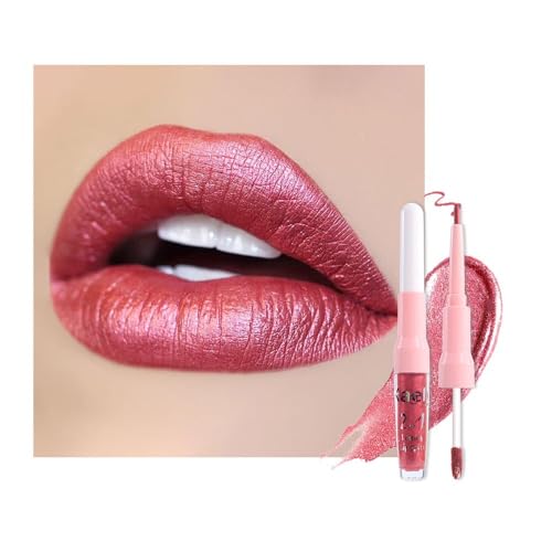 Image of evpct Mauve Red Metallic Glitter Lip Liner and Lipstick Combo Lip Gloss Stain Set Makeup for Women Long Lasting Waterproof 24, Red Metallic Shimmer Frosted Iridescent Glossy Liquid Lipstick 13
