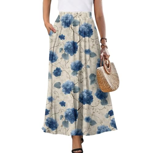 Long Skirts for Women with 2 Side Pockets A-Line Midi Length Skirt Elastic Flowing Half Dress Hawaiian Beach Summer