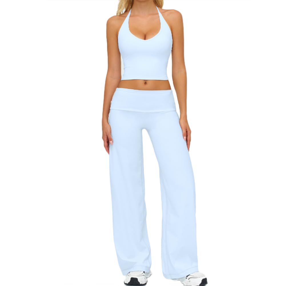 JPXJGT Women's 2pcs Lounge Set Gym Crop Top Flared Yoga Pants Workout Leggings Yoga Sweatsuit Casual Outfits Set(Size:M,Color:Blue)