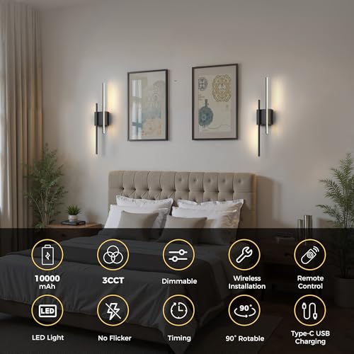 Image of L LOHAS LED Battery Operated Wall Sconces, Set of 2, 10000mAh, Black