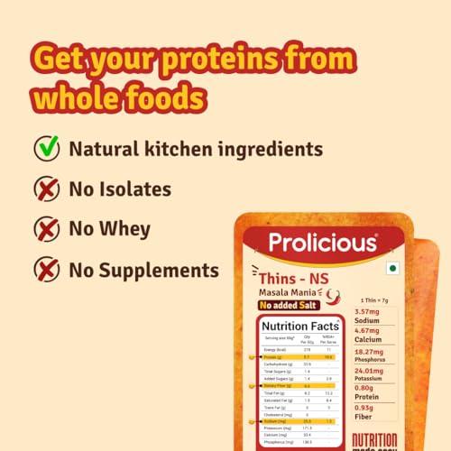 Image of Prolicious High Protein High Fiber No Salt Masala Mania Thins| No Plam Oil | Saltfree | Ideal for weightloss & PCOS | Healthy Snack | Single Pack 50g