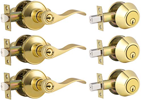 3 Pack Keyed Entry Door Lever and Single Cylinder Deadbolt Combination Set in Polished Brass, Keyed Alike Entrance Door Handle Lever with Deadbolt Lock Set for Front and Office Door, Universal Handed