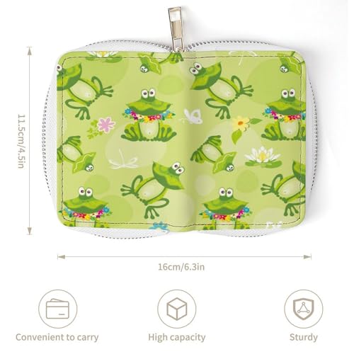 Women Leather Coin wallet, Key Change Organizer Zipper Card Holder Purse Clutch Pouch Pocket 4.5x3.15 in Print Green Frogs flowers Toads White Lotus Flowers3