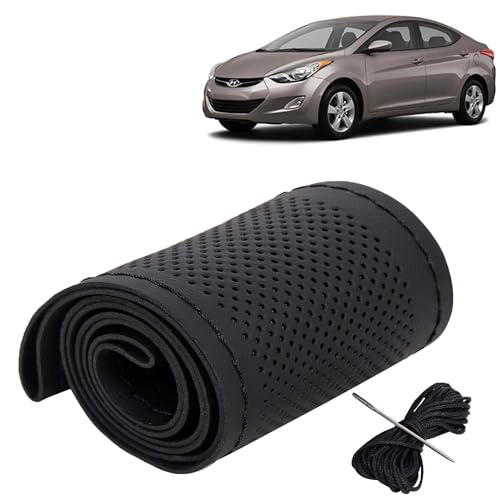 Image of KINGSWAY PU Leatherite Car Steering Cover Sewable Compatible with Hyundai Elantra (Year 2010-2015), Black Color with Black Thread, Pack of 1 with Sewing Needle and Thread