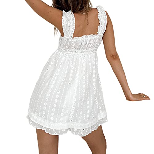 Women Square Neck Mini Dress Summer Sleeveless Floral Embroidery Frill Hem A-line Dress3