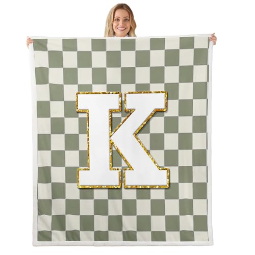 Image of Erosebridal Sage Green Checkered Fleece Blanket Queen 90 inchx90 inch Plaid Initial K Sherpa Blanket Personalized Monogram Fuzzy Plush Throw for Kids Boys Girls,Fashion Grids Gingham Decor for Bed Couch