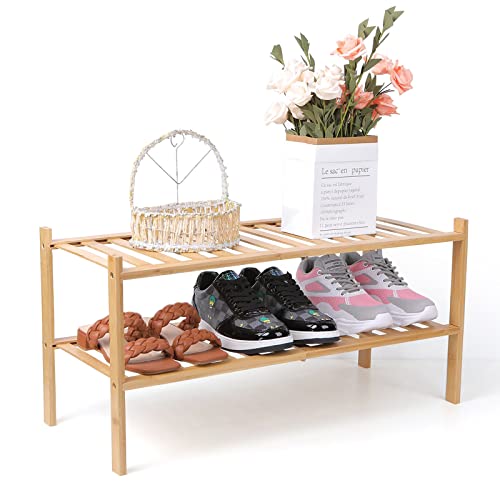 RONGJIA 2-Tier Natural Bamboo Shoe Rack - Stackable Storage Shelf with Multi-Function Combinations - Free Standing Shoe Racks for Convenient Shoe Organization（Natural） 11" D x 27" W x 13" H