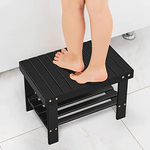 Zhuoyue Wooden Step Stool for Kids Adults Black Small Bamboo Wood Shower Foot Rest Stool Shaving Legs for Bathroom Sink Bed Kitchen